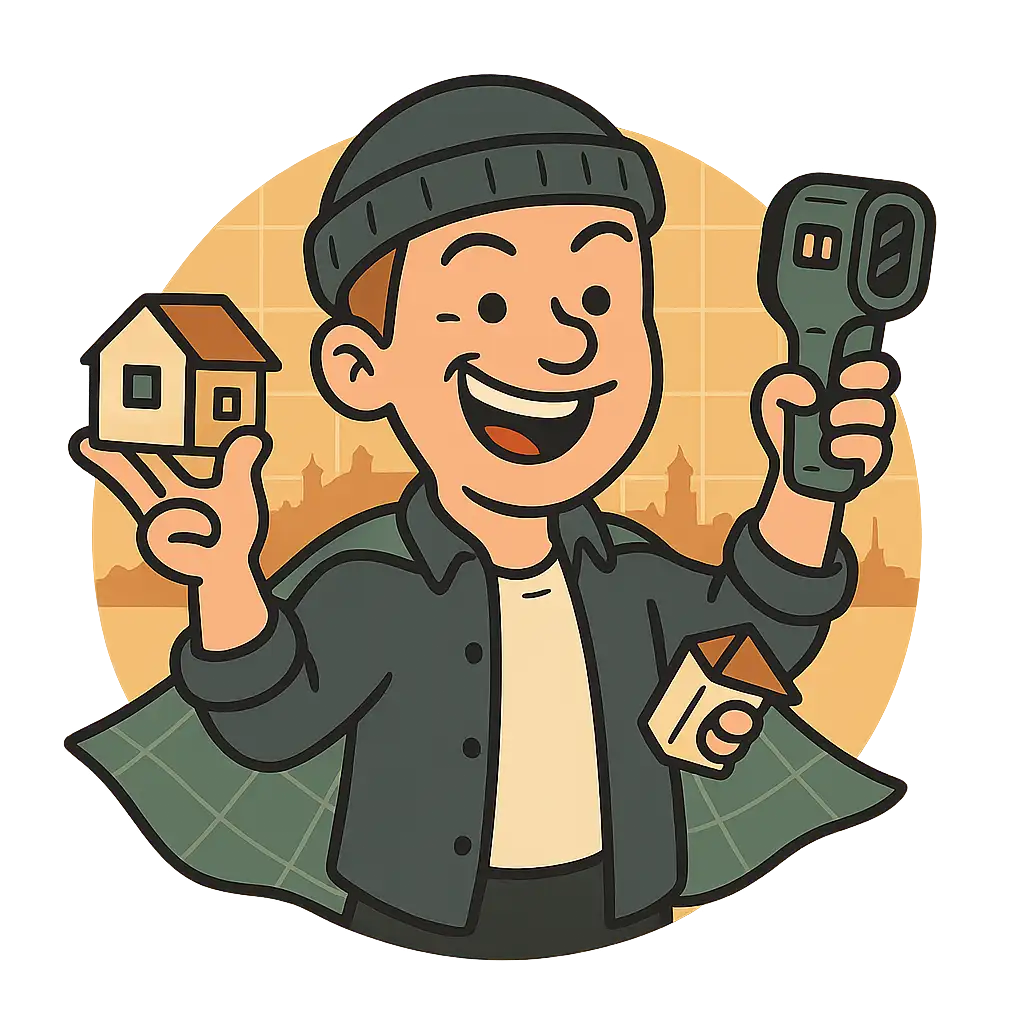 Cartoon-Illustration: Michael Kummer mit Hausmodell und Thermalkamera